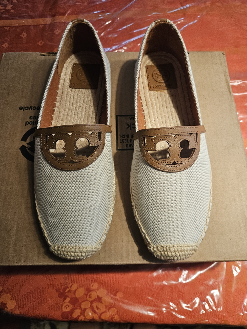 Tory Burch Cream Canvas and Tan Leather Espadrilles